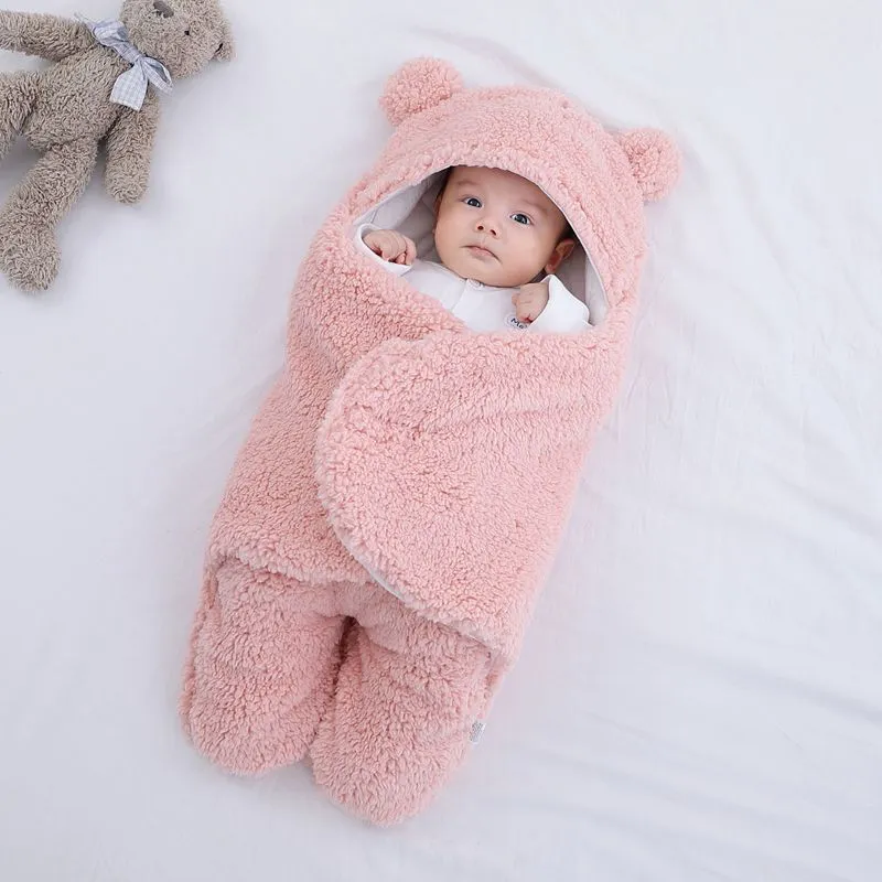 Baby Winter Cotton Plush Hooded Swaddles Light Pink big image 1