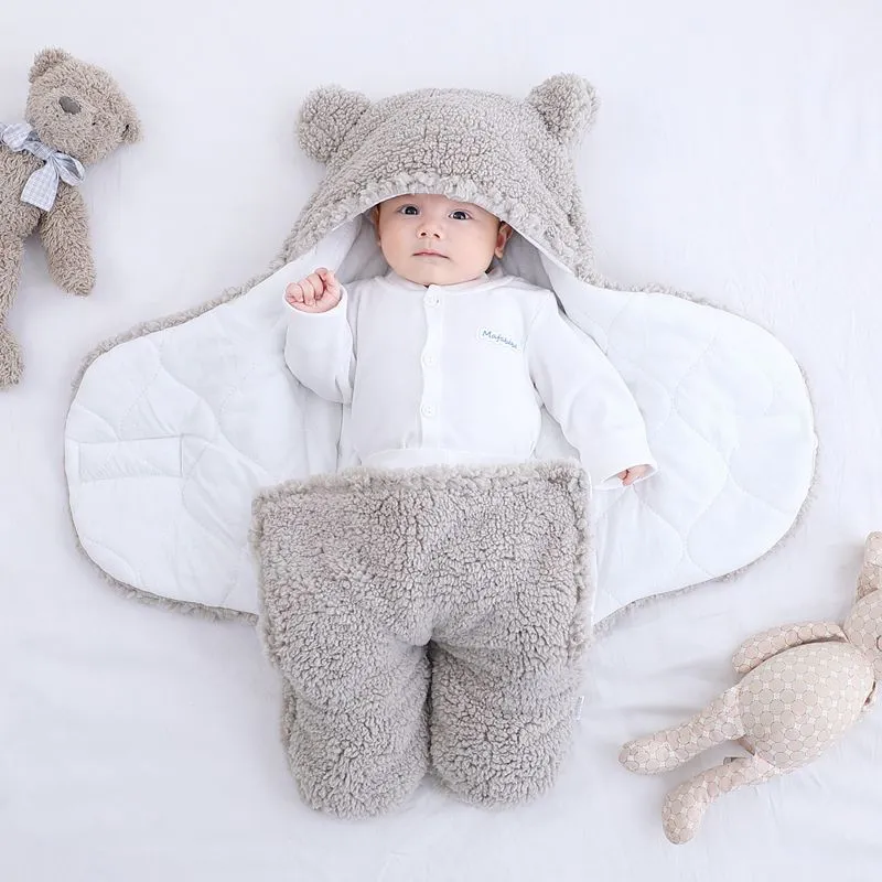 Baby Winter Cotton Plush Hooded Swaddles Light Grey big image 1