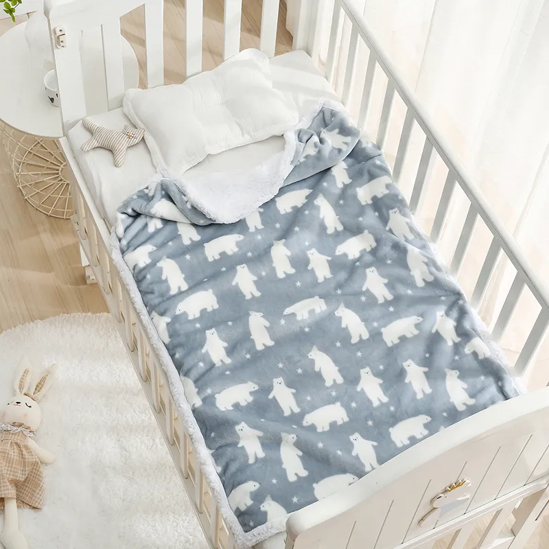 Polar Bear Print Fleece Blankets Home Bed Blanket Kids Bedding Baby Blanket for All Seasons Light Blue big image 1