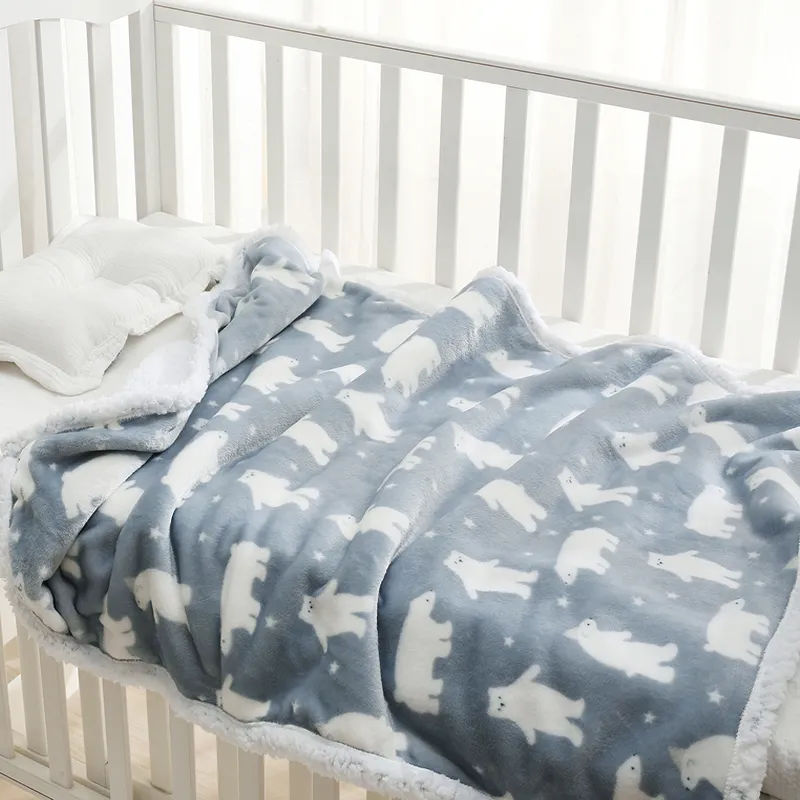 Polar Bear Print Fleece Blankets Home Bed Blanket Kids Bedding Baby Blanket for All Seasons Light Blue big image 1