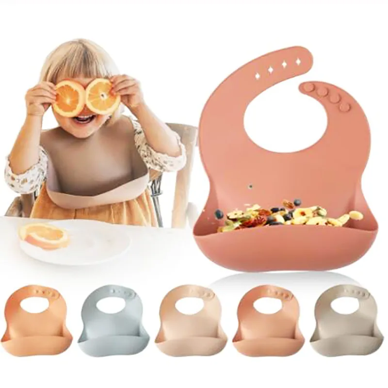 Silicone Baby Bibs with Large Capacity Food Catcher Pocket Waterproof Adjustable Portable Soft Foldable Toddler Bib