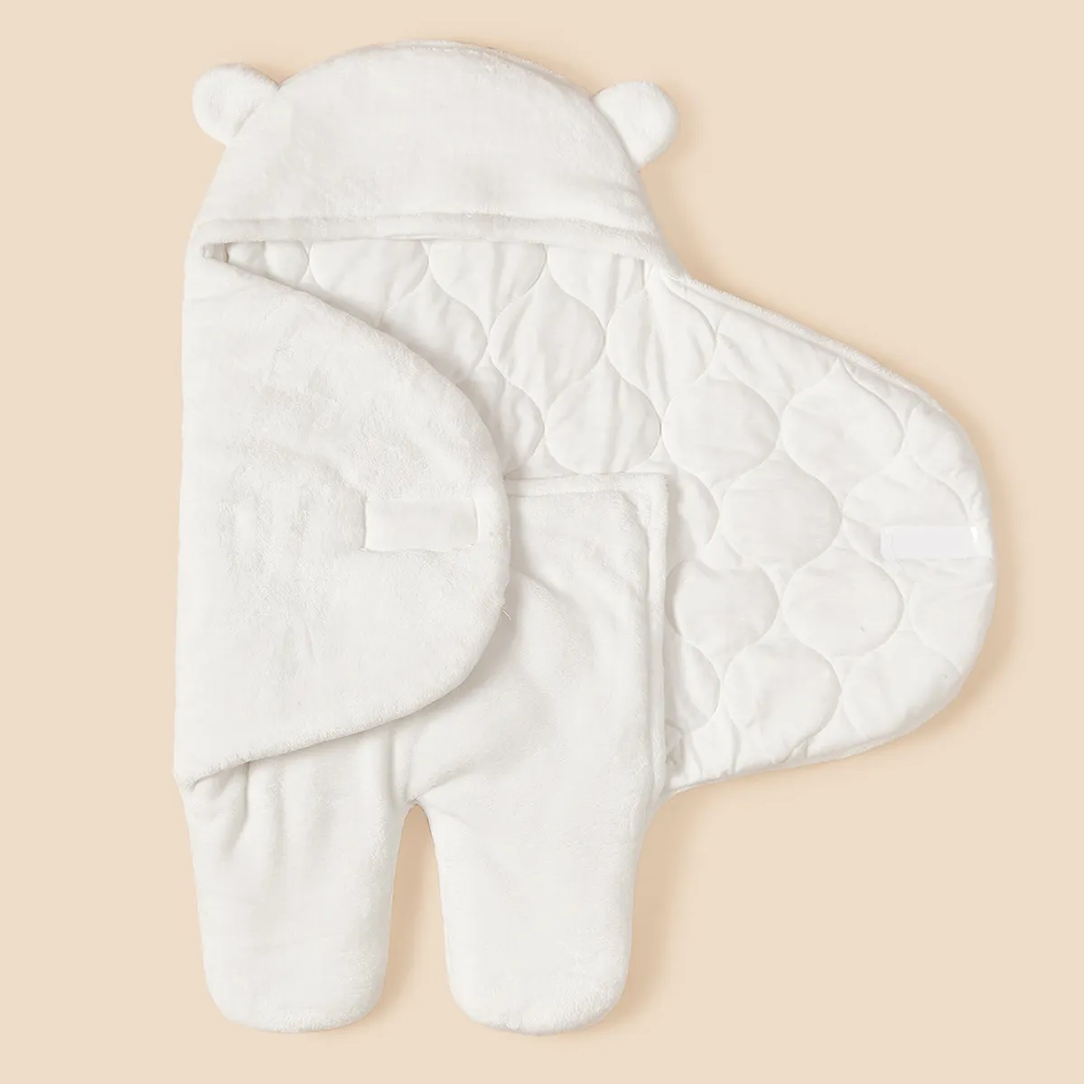 Newborn Baby Solid Color Swaddles with Flannel 3D Ear Design White big image 1