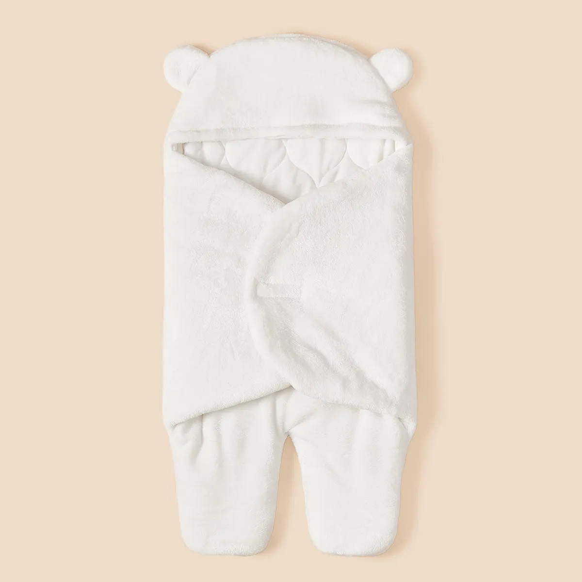 Newborn Baby Solid Color Swaddles with Flannel 3D Ear Design White image 3
