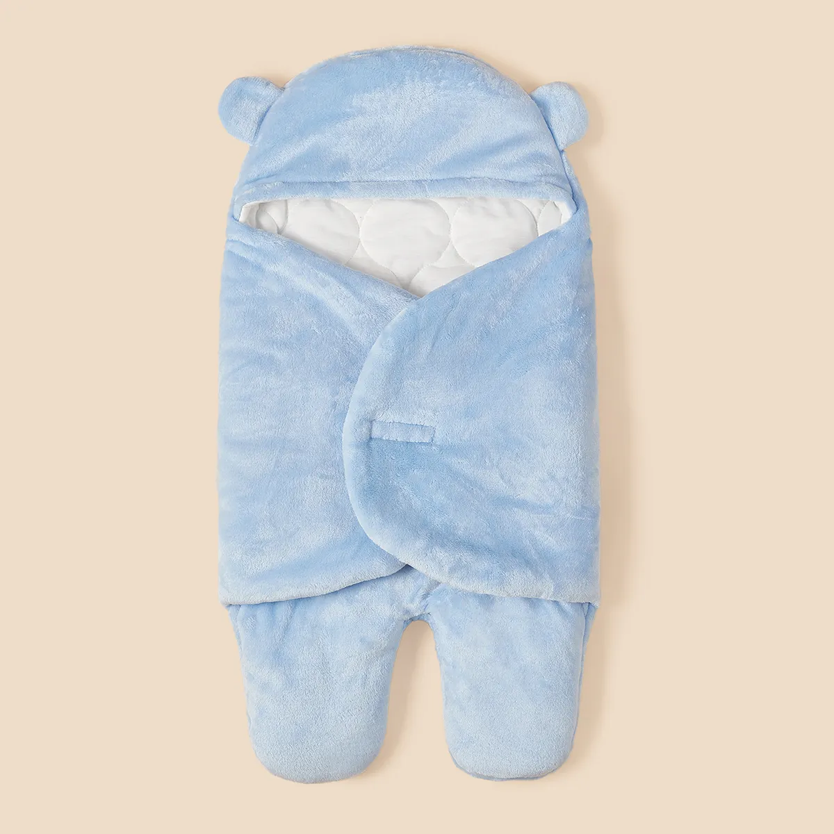 Newborn Baby Solid Color Swaddles with Flannel 3D Ear Design Light Blue