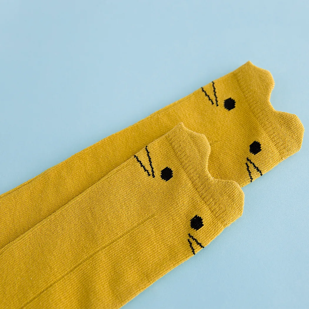 Chaussettes en maille  pour bébé filel à motif chat Jaune big image 1