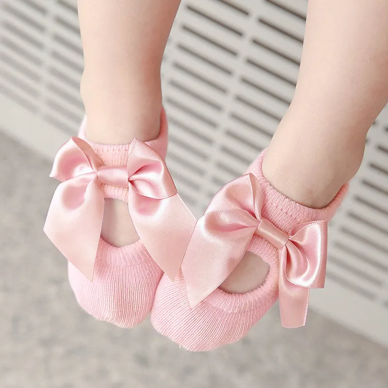 2 雙裝嬰兒/幼兒女孩蝴蝶結純色襪子套裝 淺粉 big image 1
