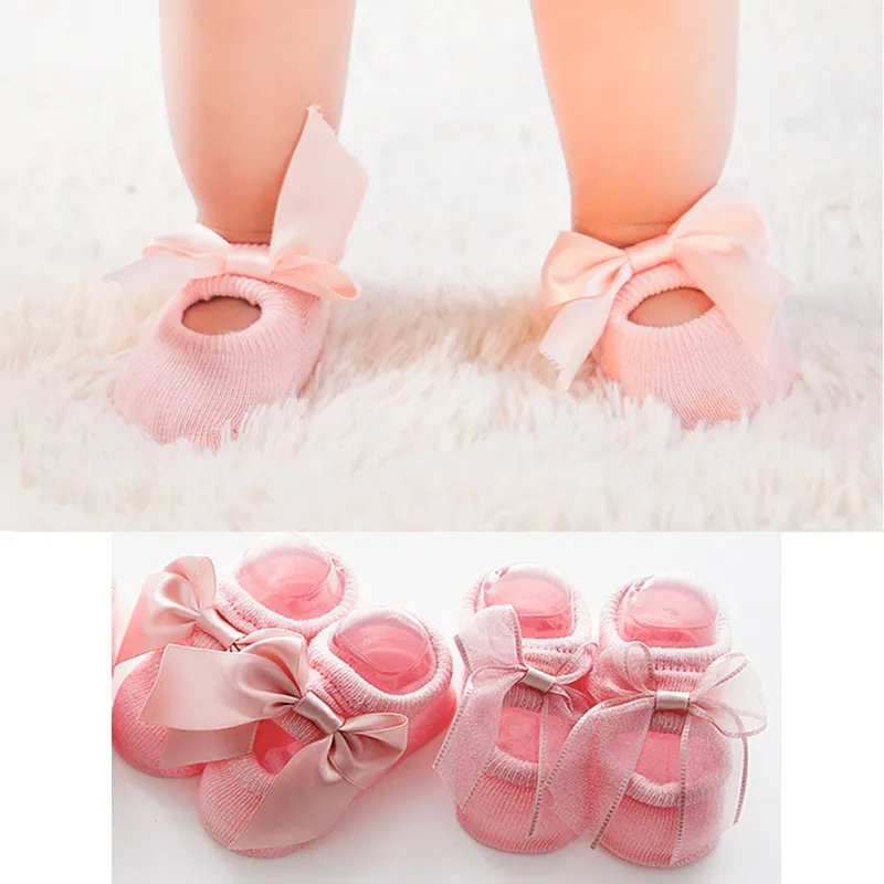 Juego de 2 pares de calcetines lisos con lazo para bebé/niña pequeña Rosa claro big image 1