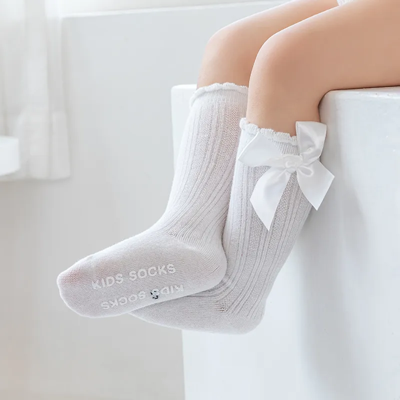 Baby / Toddler Bow Ruched Trim Antiskid Glue Tube Socks White big image 1