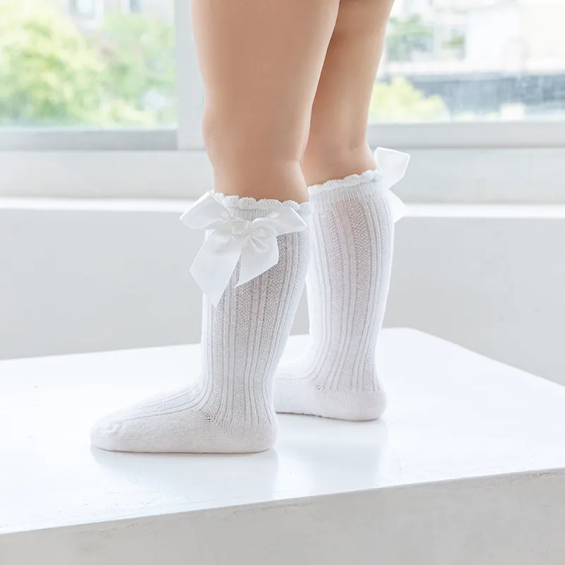 Baby / Toddler Bow Ruched Trim Antiskid Glue Tube Socks White image 3