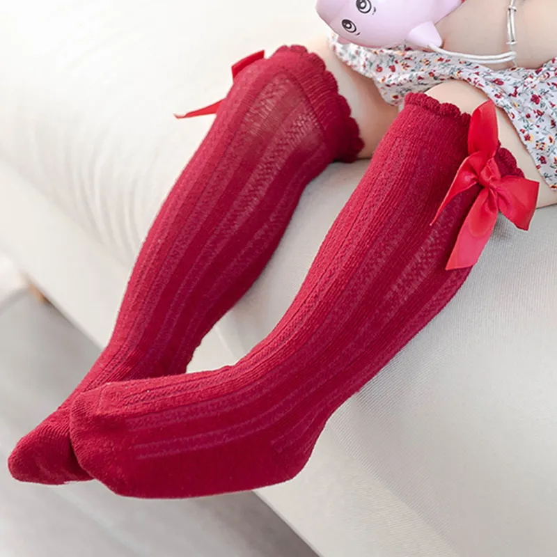 Baby / Toddler Bow Ruched Trim Antiskid Glue Tube Socks Burgundy