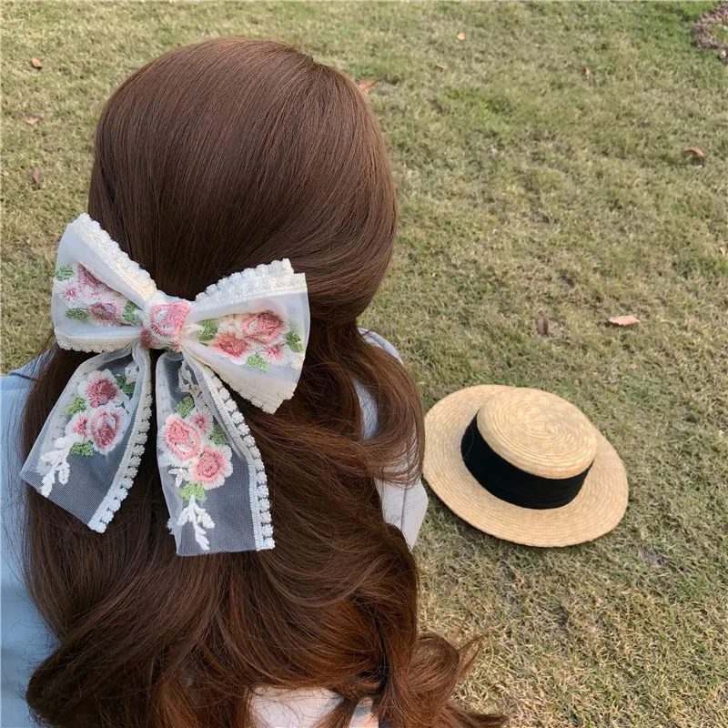 Women Embroidery Floral Bow Lace Hair Clip Hair Accessory  big image 2