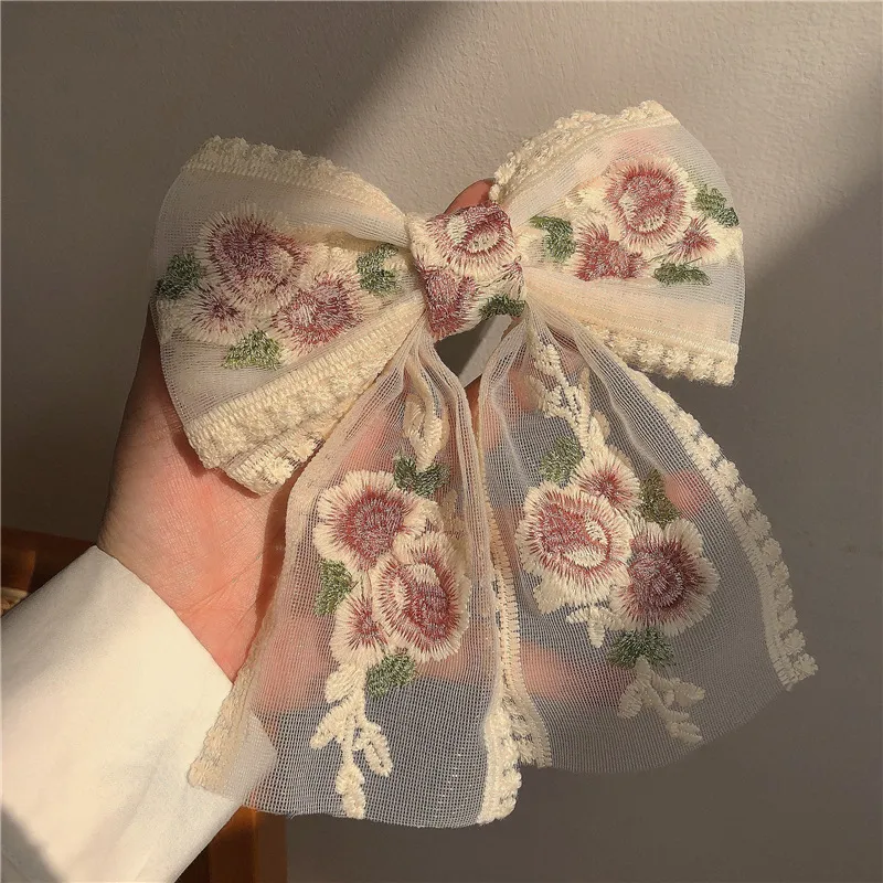 Women Embroidery Floral Bow Lace Hair Clip Hair Accessory  big image 4