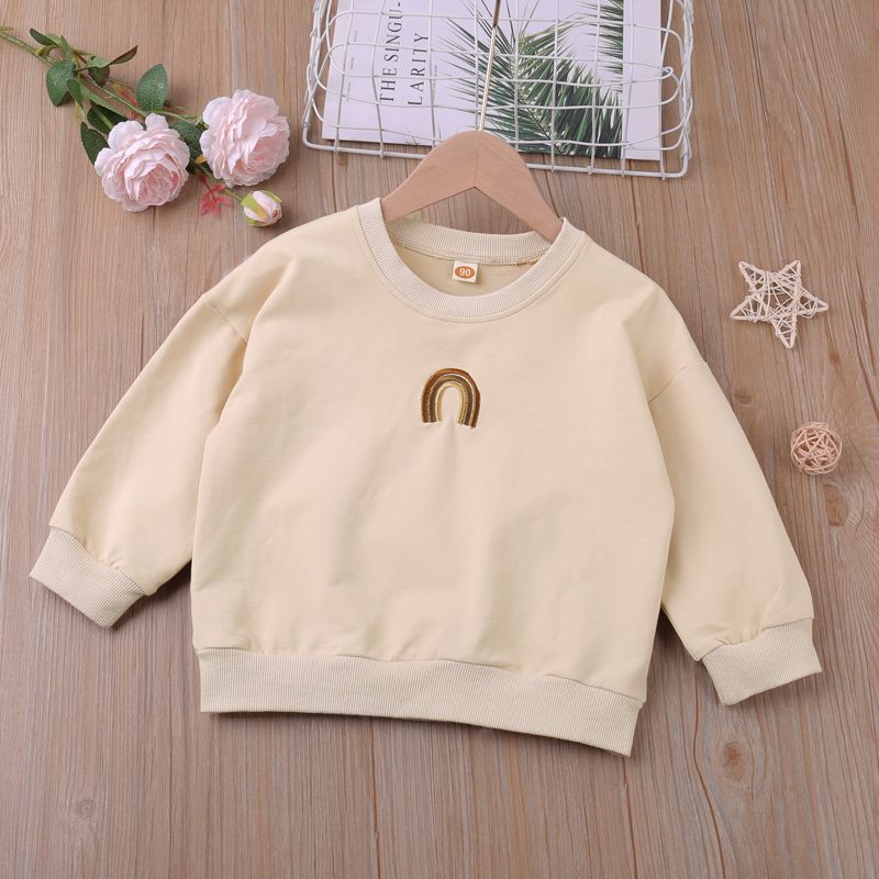 

Toddler Girl Rainbow Embroidery Casual Beige Pullover Sweatshirt