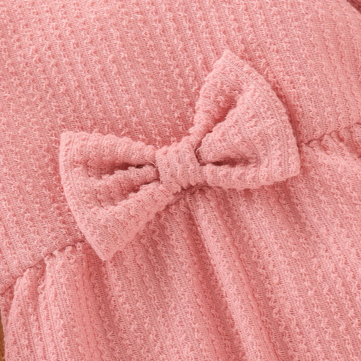 2pcs Baby Girl 100% Cotton Solid Ribbed Long-sleeve Bowknot Ruffle Jumpsuit and Headband Set  Pink big image 1