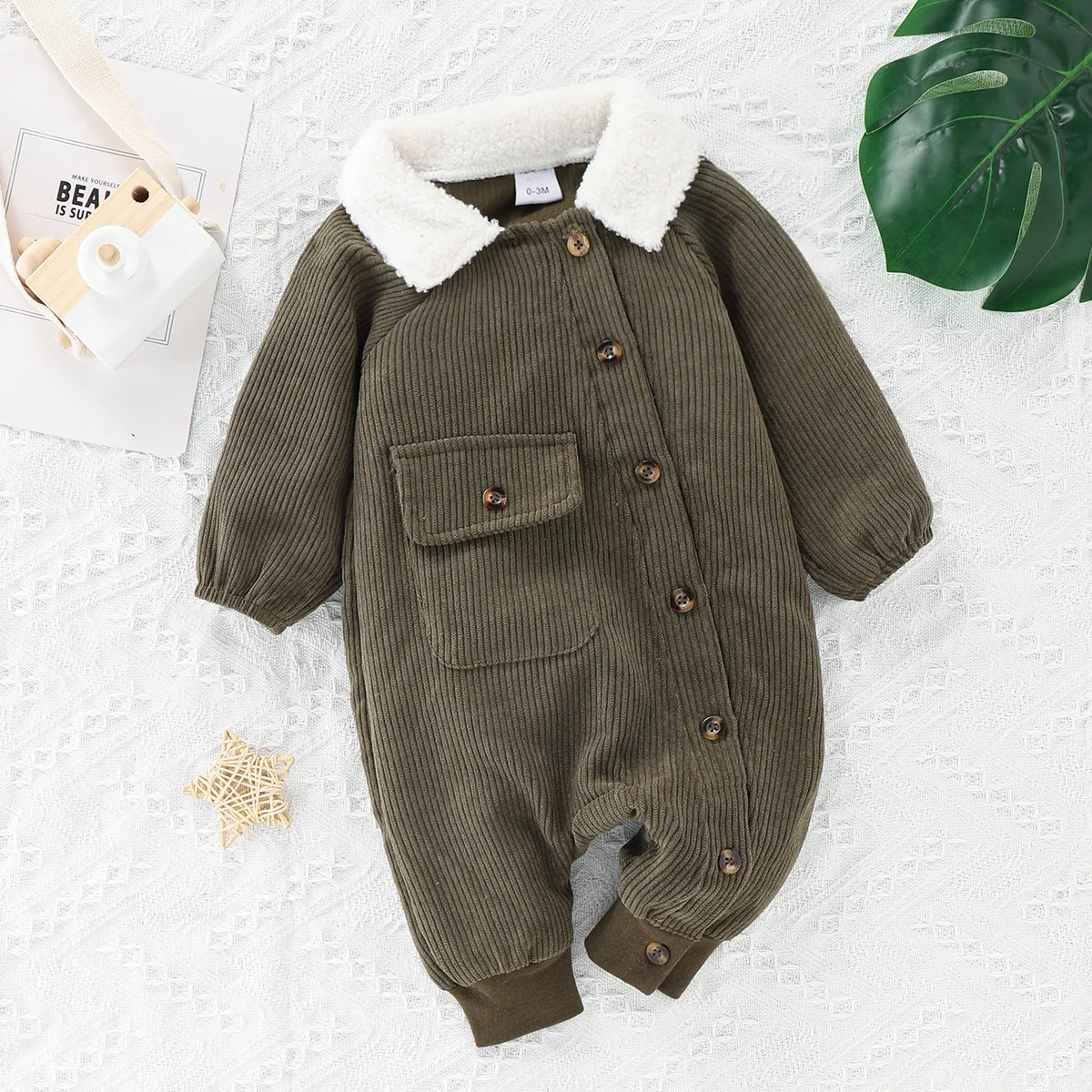 Baby Boy Fleece Lapel Collar Solid Corduroy Long-sleeve Jumpsuit Green big image 1