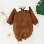 Baby Boy Fleece Lapel Collar Solid Corduroy Long-sleeve Jumpsuit Brown