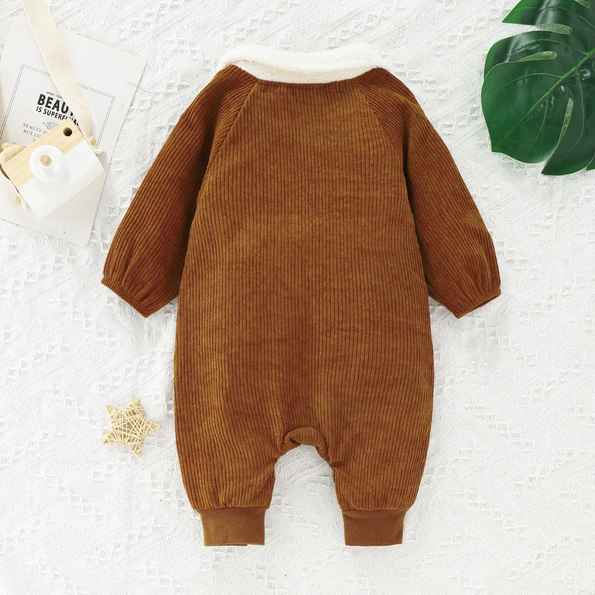 嬰兒 中性 布料拼接 休閒 長袖 長腿連身衣 棕色 big image 1