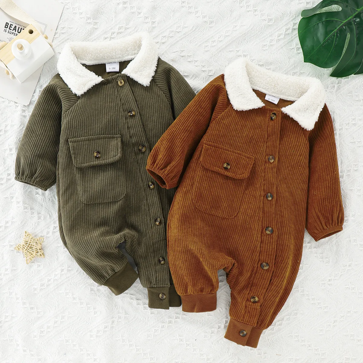 Baby Boy Fleece Lapel Collar Solid Corduroy Long-sleeve Jumpsuit