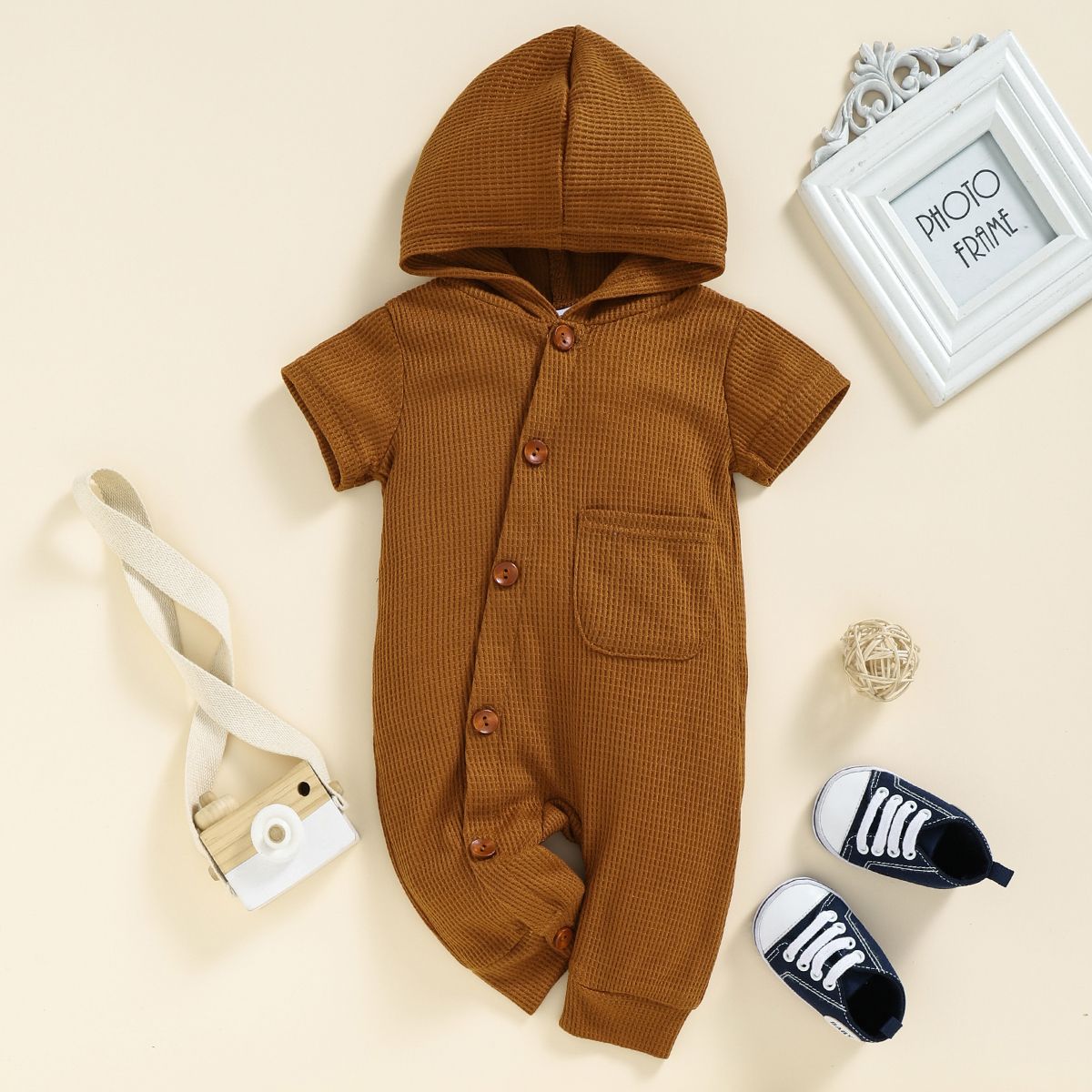 

Baby Boy Solid Waffle Hooded Short-sleeve Button Up Jumpsuit with Pocket