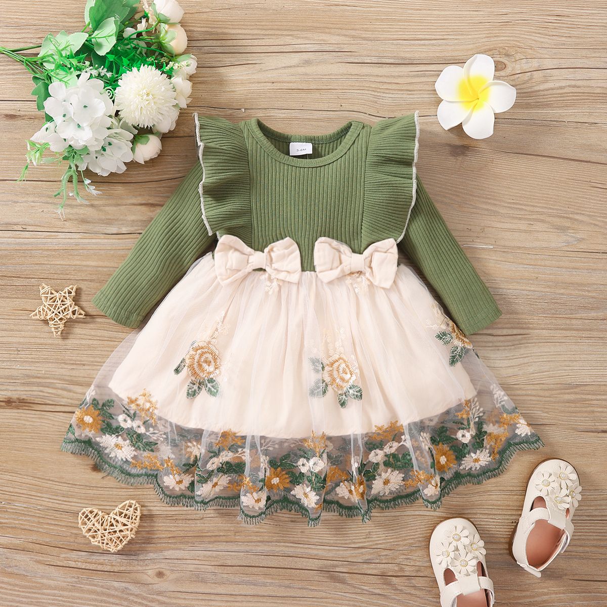 

Baby Girl 95% Cotton Rib Knit Ruffle Trim Long-sleeve Spliced Floral Embroidered Mesh Dress