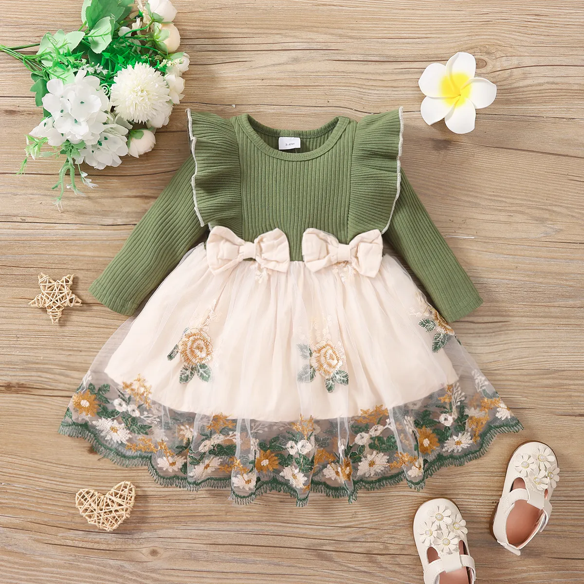 Baby Girl 95% Cotton Rib Knit Ruffle Trim Long-sleeve Spliced Floral Embroidered Mesh Dress Dark Green big image 1