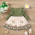 Baby Girl 95% Cotton Rib Knit Ruffle Trim Long-sleeve Spliced Floral Embroidered Mesh Dress Dark Green image 2