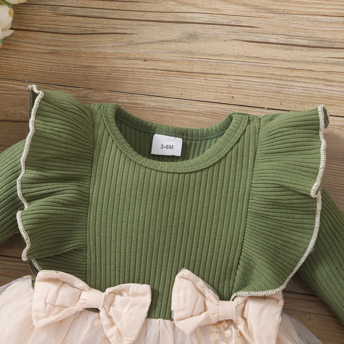 Baby Girl 95% Cotton Rib Knit Ruffle Trim Long-sleeve Spliced Floral Embroidered Mesh Dress Dark Green image 3