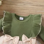 Baby Girl 95% Cotton Rib Knit Ruffle Trim Long-sleeve Spliced Floral Embroidered Mesh Dress Dark Green image 3