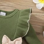 Baby Girl 95% Cotton Rib Knit Ruffle Trim Long-sleeve Spliced Floral Embroidered Mesh Dress Dark Green image 5