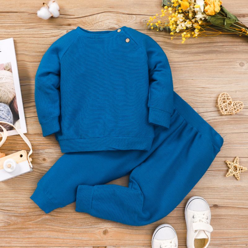 

2pcs Toddler Boy Basic Button Design Raglan Sleeve Solid Color Sweatshirt and Elasticized Pants Set