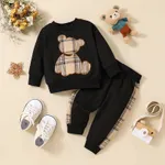 2pcs Baby Boy/Girl Long-sleeve Plaid Print Bear Embroidered Sweatshirt and Sweatpants Set Black image 6