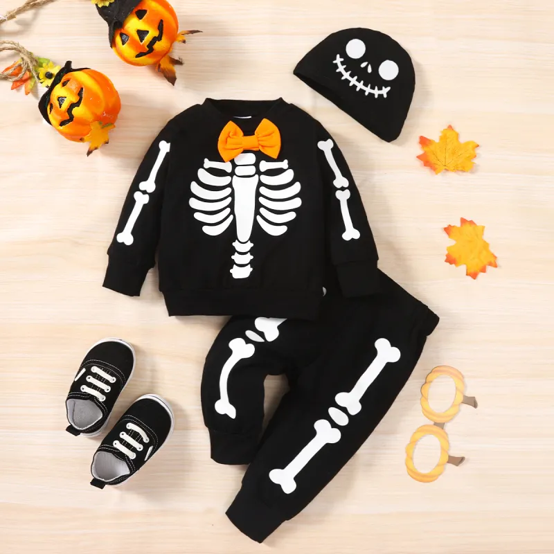 

Halloween 3pcs Baby Boy 95% Cotton Long-sleeve Glow In the Dark Skeleton Print Sweatshirt and Sweatpants with Hat Set