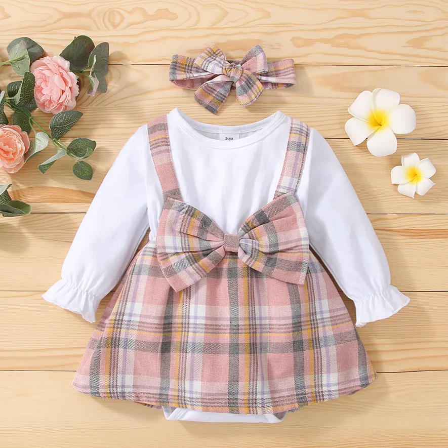 

2pcs Baby Plaid Bowknot Splicing White Long-sleeve Romper Dress Set