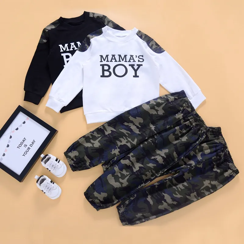 2-piece Baby / Toddler Boy Letter Long-sleeve Top and Camouflage Pants Set White big image 1