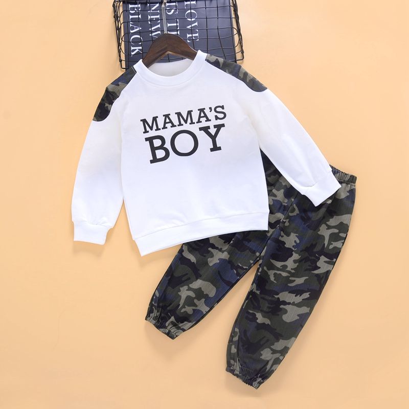 2-piece Baby / Toddler Boy Letter Long-sleeve Top And Camouflage Pants Set