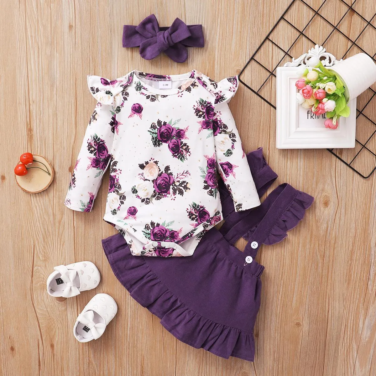 3pcs Floral Print Ruffle Decor Long-sleeve Baby Set Light Purple