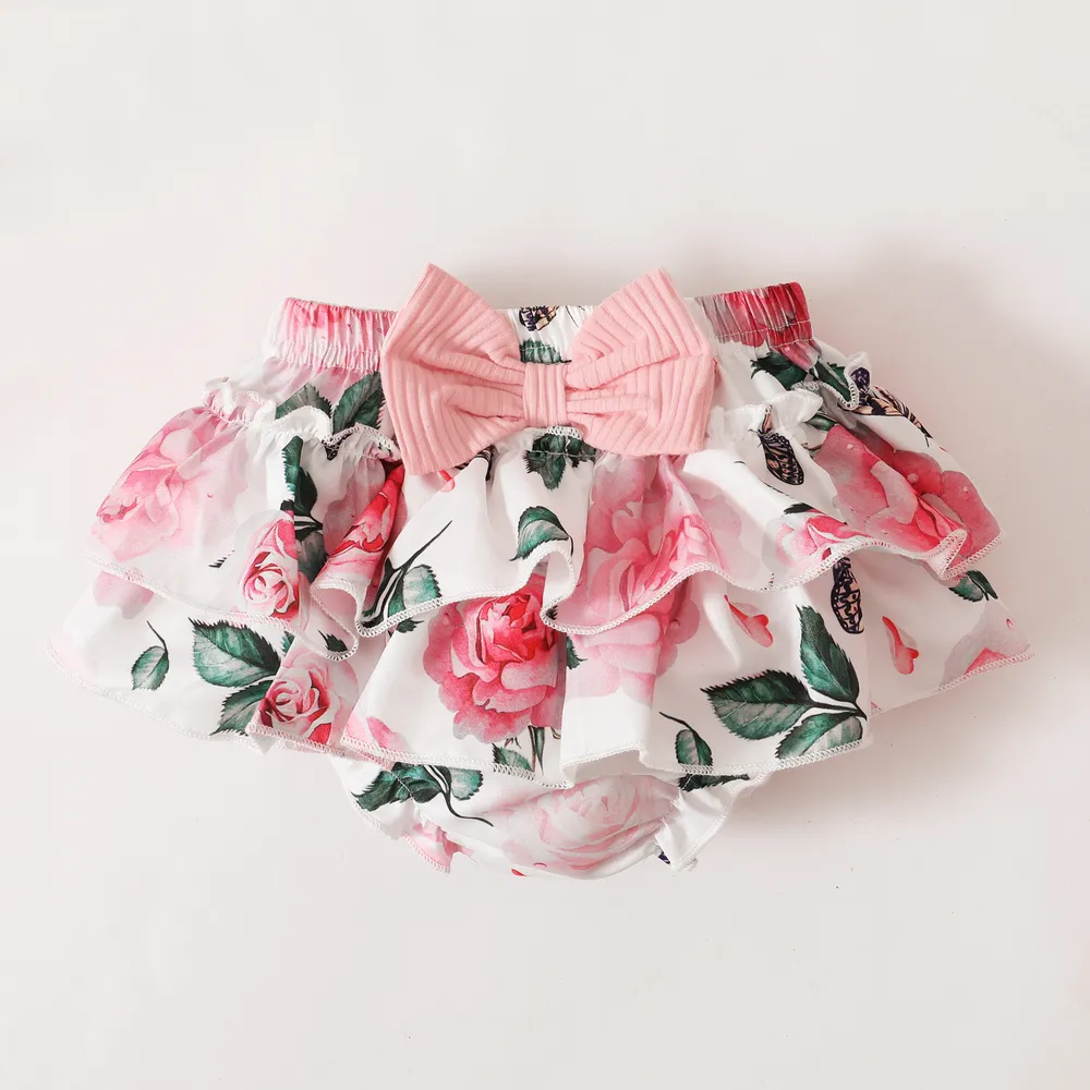 3pcs Baby Girl 95% Cotton Ribbed Ruffle Short-sleeve Letter Embroidery Romper and Floral Print Layered Shorts with Headband Set  big image 4