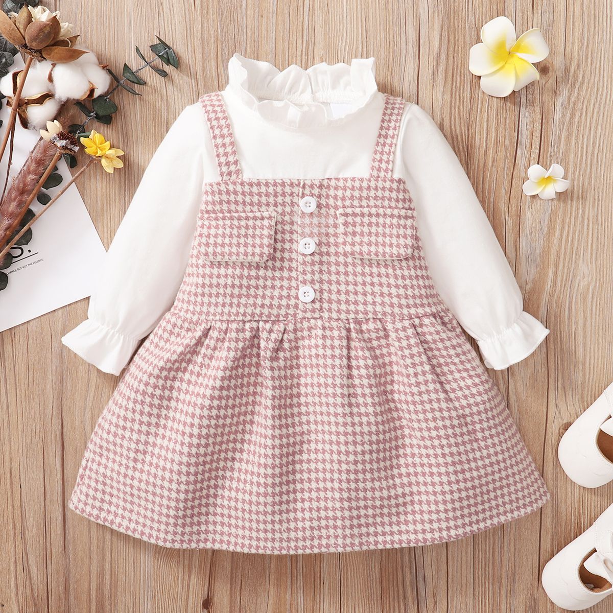 Frilly Collar Long-sleeve Splicing Pink Baby Faux-two Houndstooth Dress