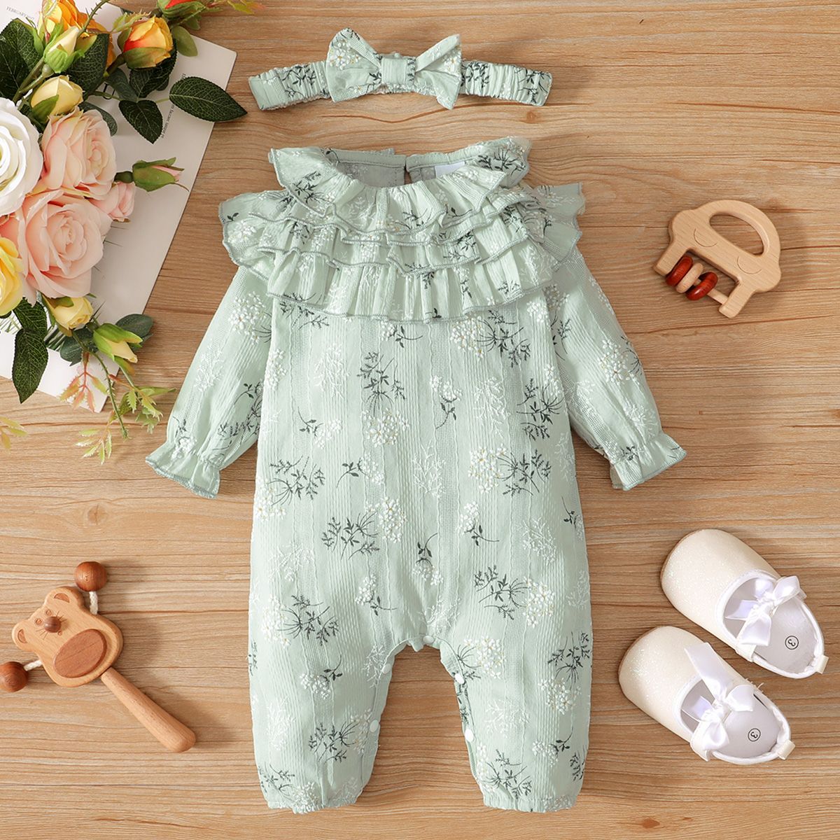 

100% Cotton 2pcs Floral Print Flounces Baby Long-sleeve Jumpsuit Set