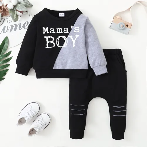 2-piece Toddler Boy Letter Print Colorblock Pullover and Cut Out Pants Set