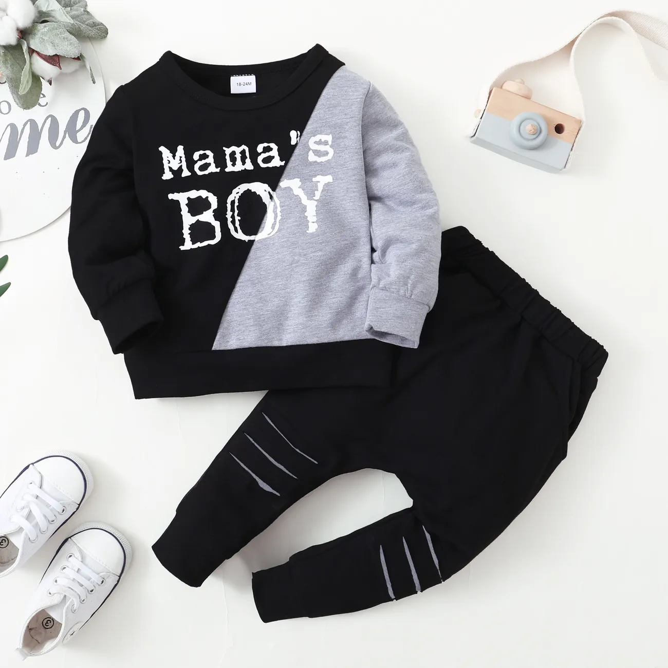 2-piece Toddler Boy Letter Print Colorblock Pullover and Cut Out Pants Set Grey big image 1