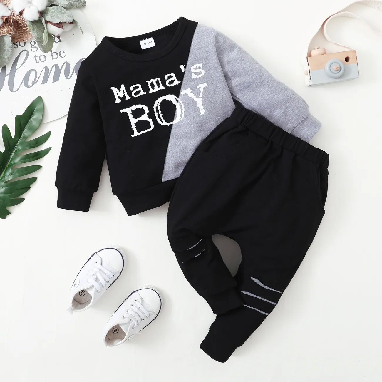 2-piece Toddler Boy Letter Print Colorblock Pullover and Cut Out Pants Set Grey big image 1