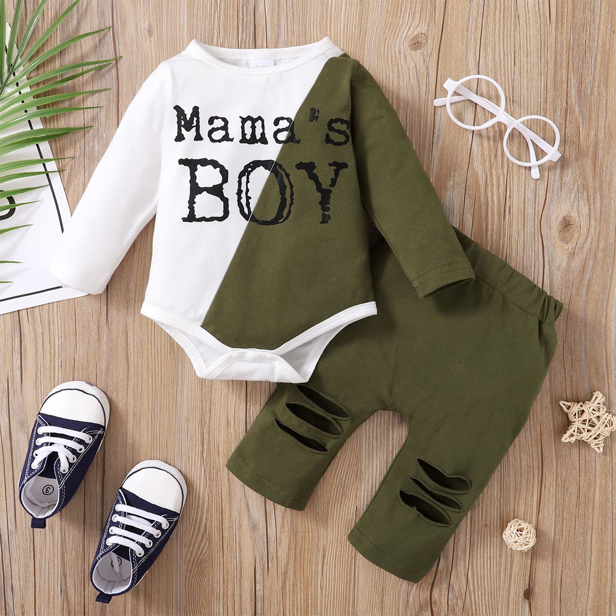 2pcs Baby Letter Print Color Block Long-sleeve Romper And Hollow-out Trousers Set