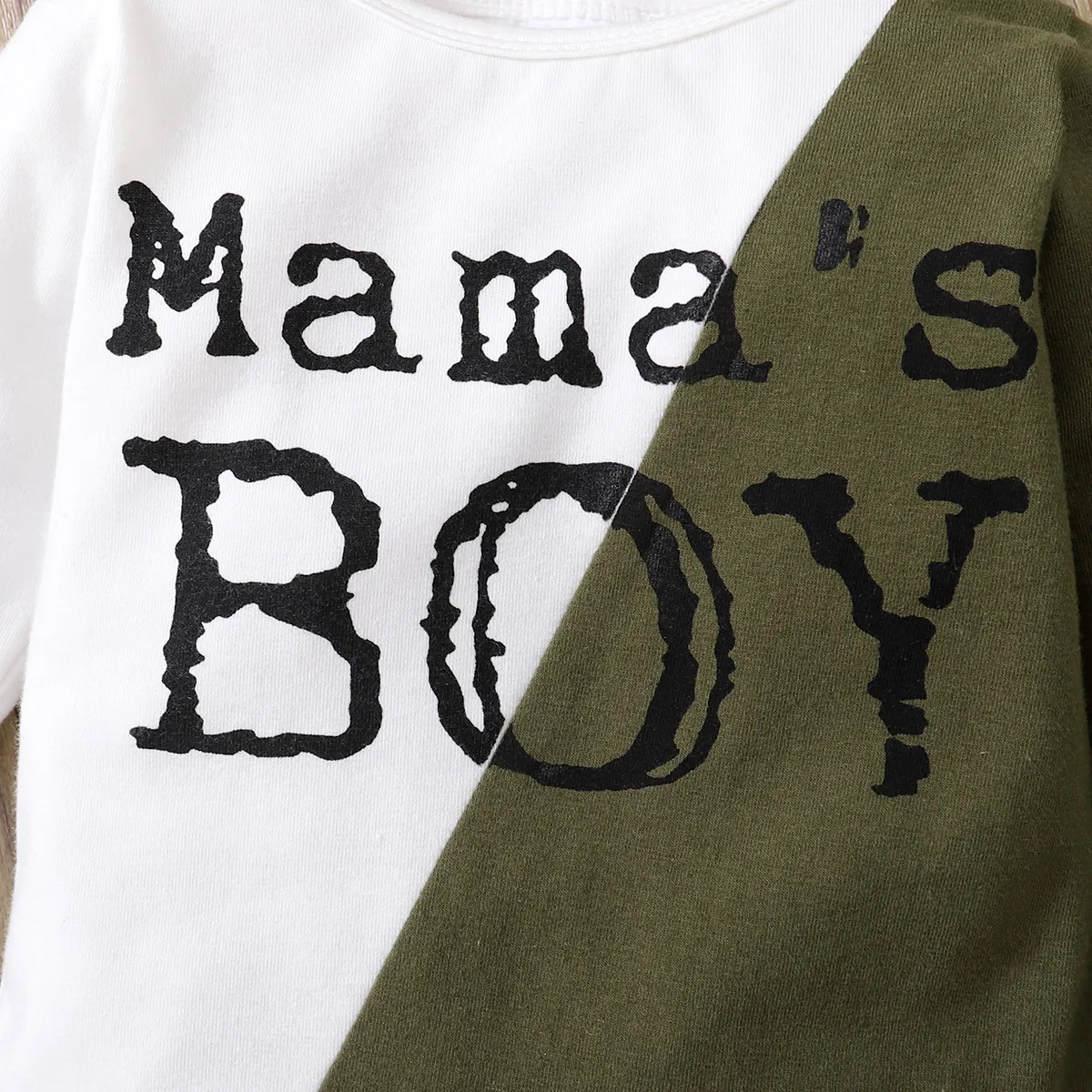 2pcs Baby Letter Print Color Block Long-sleeve Romper and Hollow-out Trousers Set Army green image 4