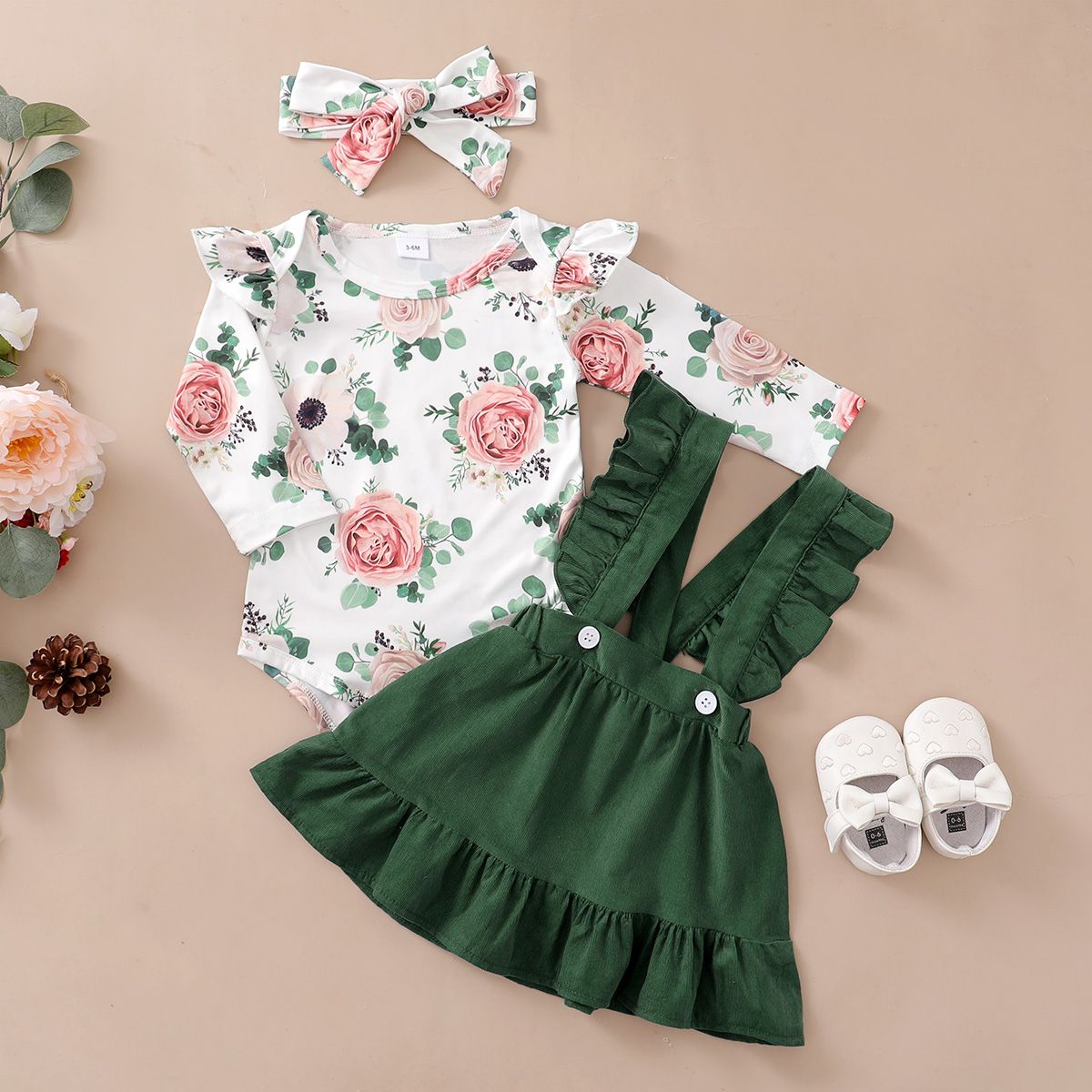 3pcs Floral Print Ruffle Decor Long-sleeve Baby Set