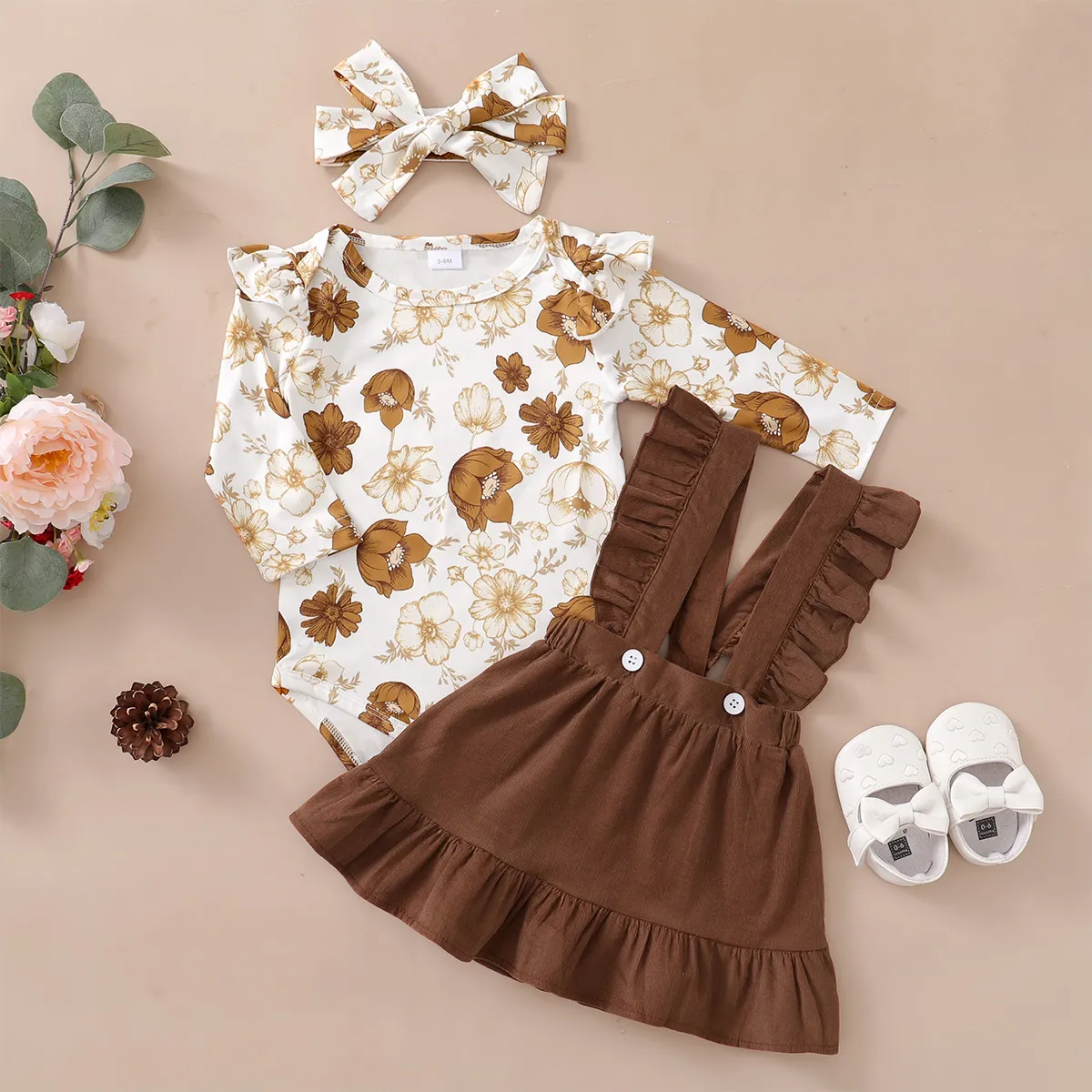 3pcs Floral Print Ruffle Decor Long-sleeve Baby Set Brown