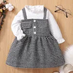 Frilly Collar Long-sleeve Splicing Pink Baby Faux-two Houndstooth Dress Black