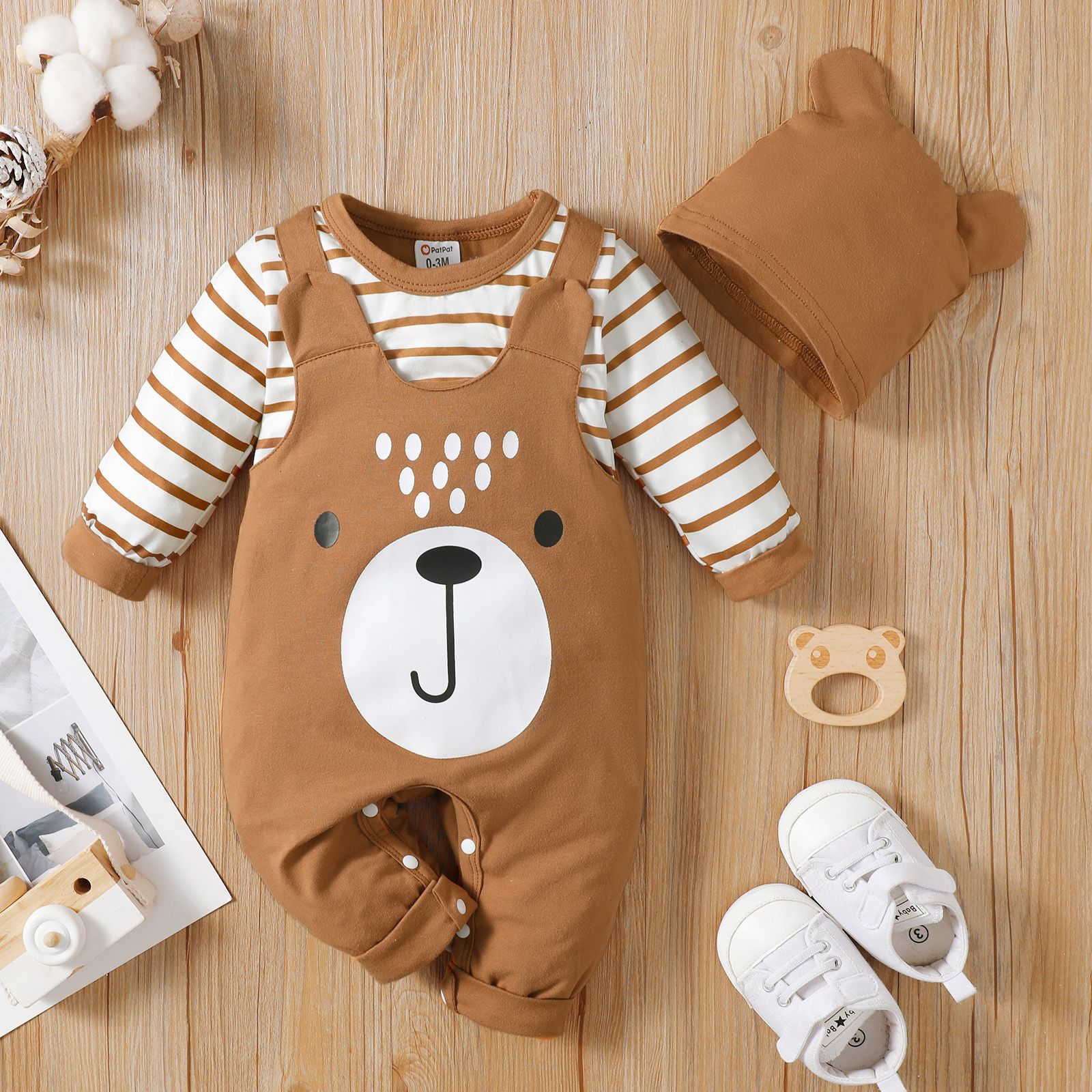 

2pcs Baby Boy/Girl 95% Cotton Bear Print Spliced Striped Long-sleeve Jumpsuit with Hat Set
