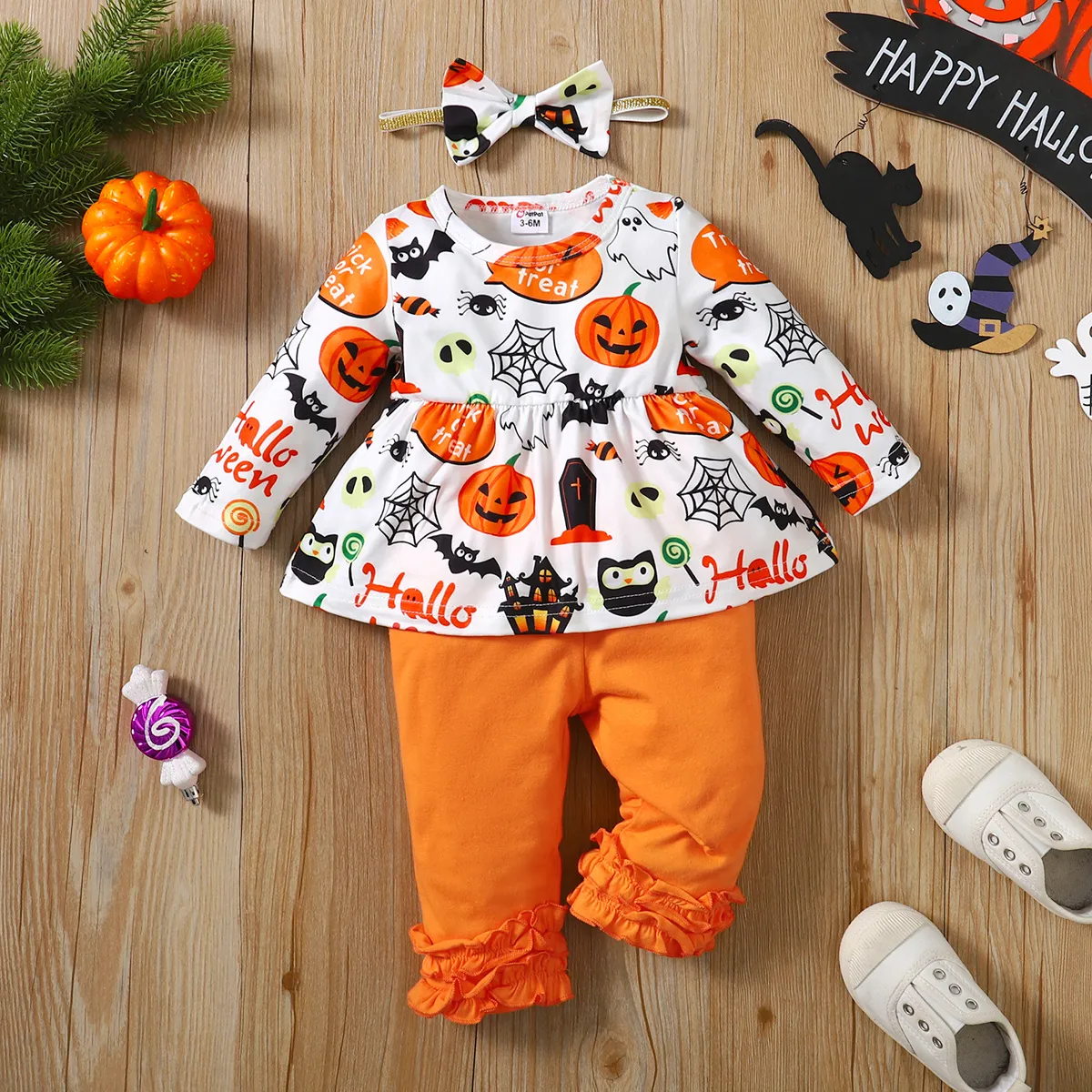 

Halloween 3pcs Baby Girl 95% Cotton Layered Frill Trim Pants and Long-sleeve Allover Print Top with Headband Set
