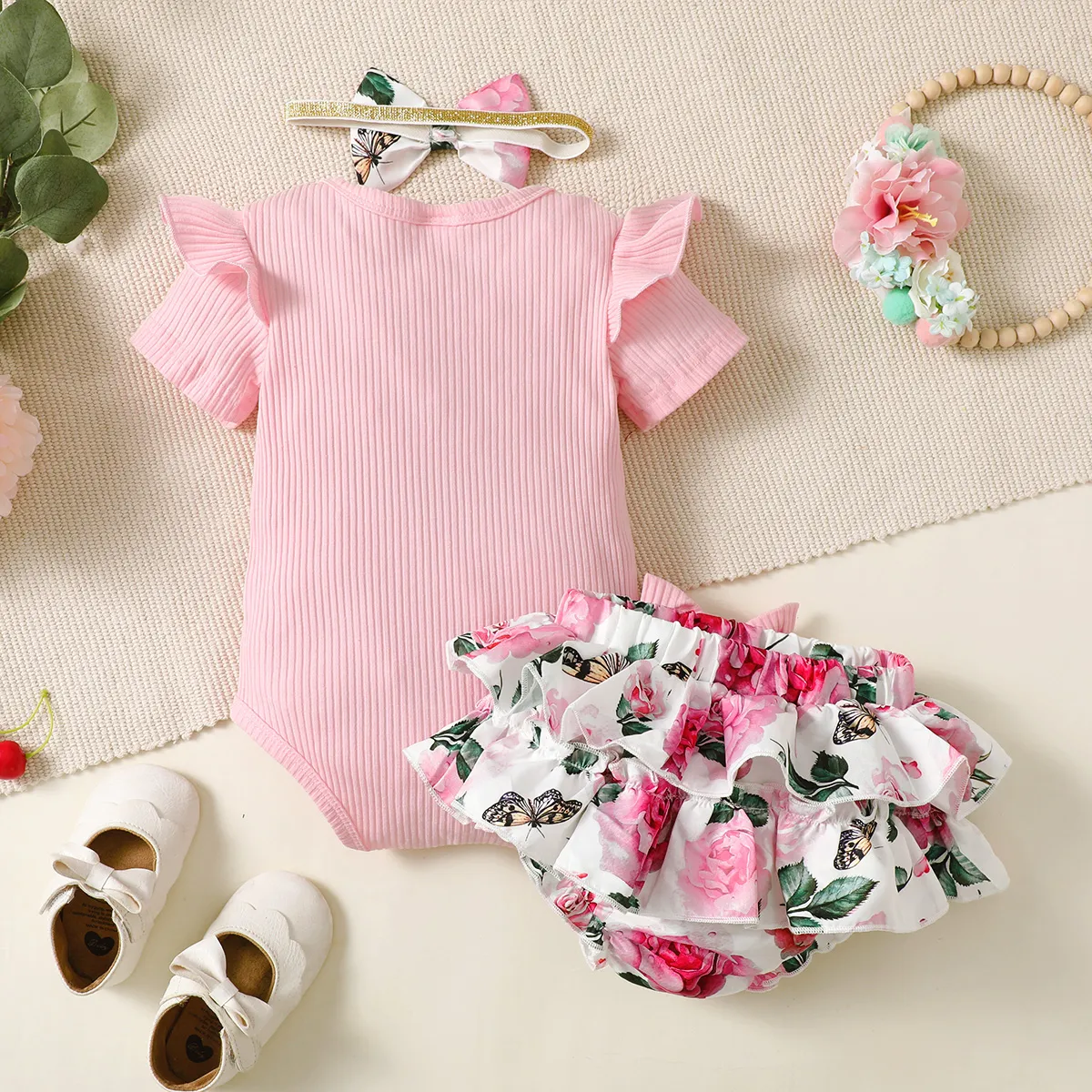 3 unidades Bebé Menina Extremidades franzidas Bonito Manga curta Conjunto para bebé Rosa image 3